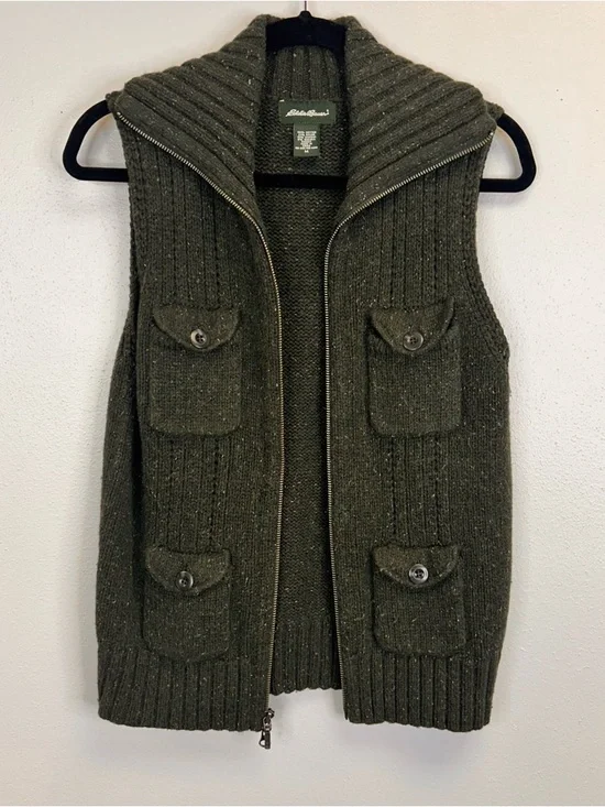 Dark Green Knit Zip-Up Vest Pockets Size M Cotton Angora Gorpcore Granola Hiking - Picture 6 of 9